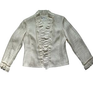 RAFAEL Petite Ivory Ruffle Front Jacket Blazer Size PS Long Sleeve Lined Elegant